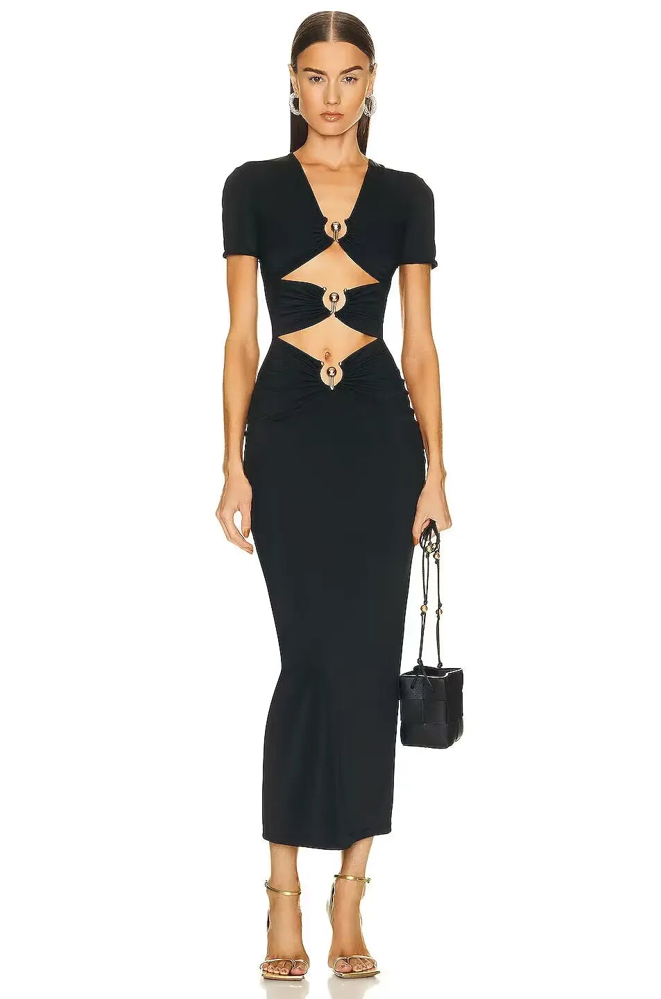 Metal Button Sexy Short Sleeve Hollow Out Tight Bandage 2023 Summer Women V Neck Celebrity Party Elegant Fashion Mid Dresses