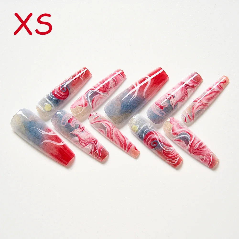 10Pcs/set Lucky Nine-tailed Fox Printed Chinese Style False Nails Long Press-on Acrylic Fakes Nails Adhesive Unique Design