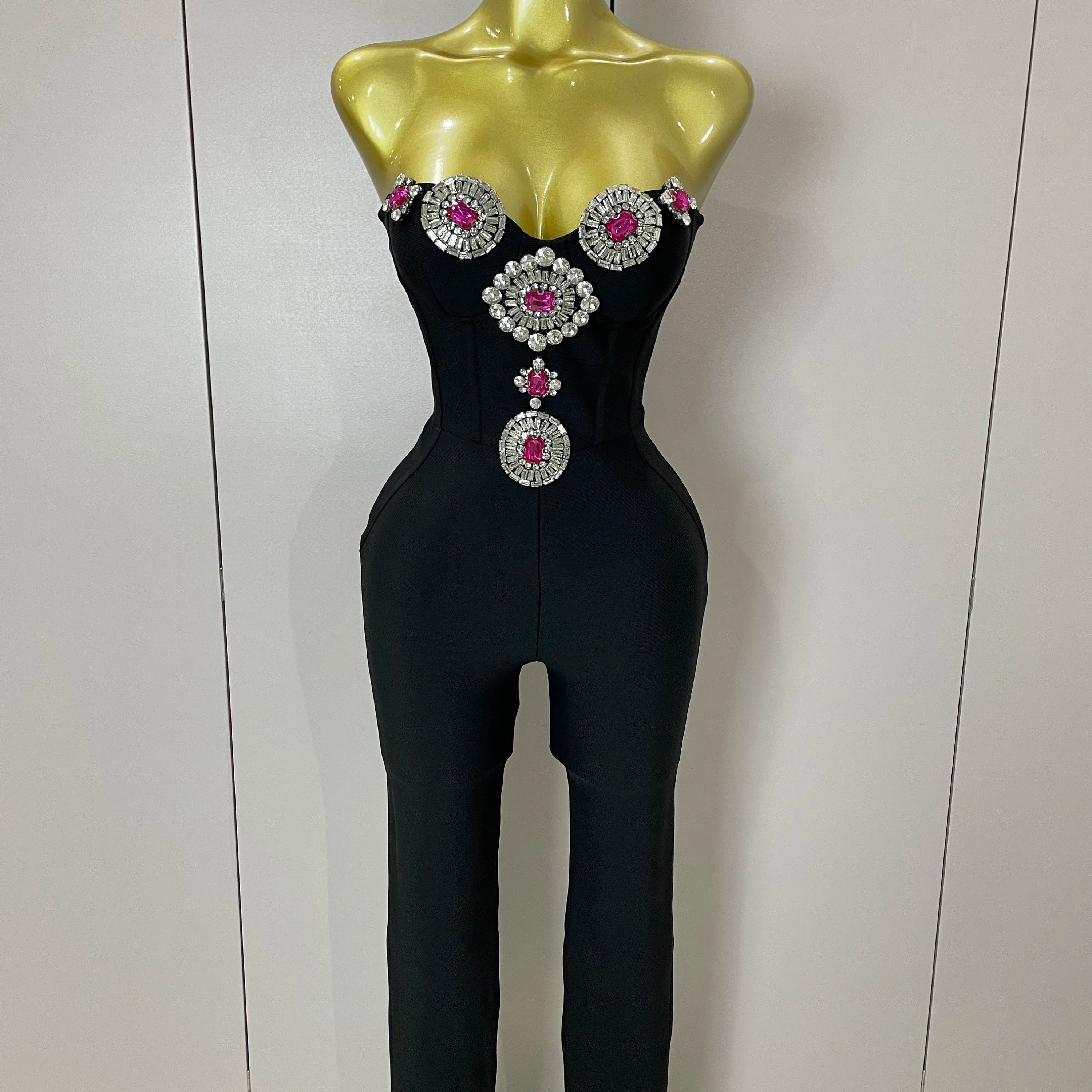 Luxury Sexy Strapless Backless Crystal Diamonds Black Bodycon Bandage Jumpsuit 2025 Women Celebrity Designer High Street Rompers