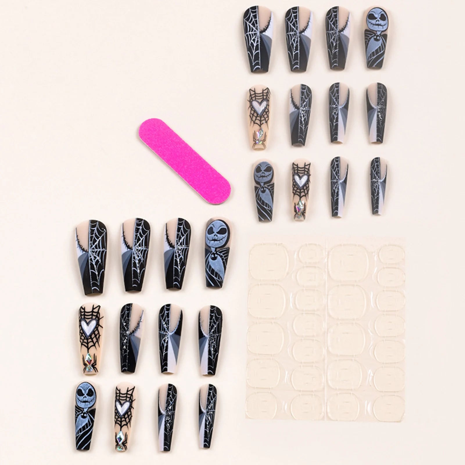 24pcs Scary Blood Skull Fake Nails Long Coffin Ballet Halloween Spider Web Print False Nails Wearable European Press on Nails