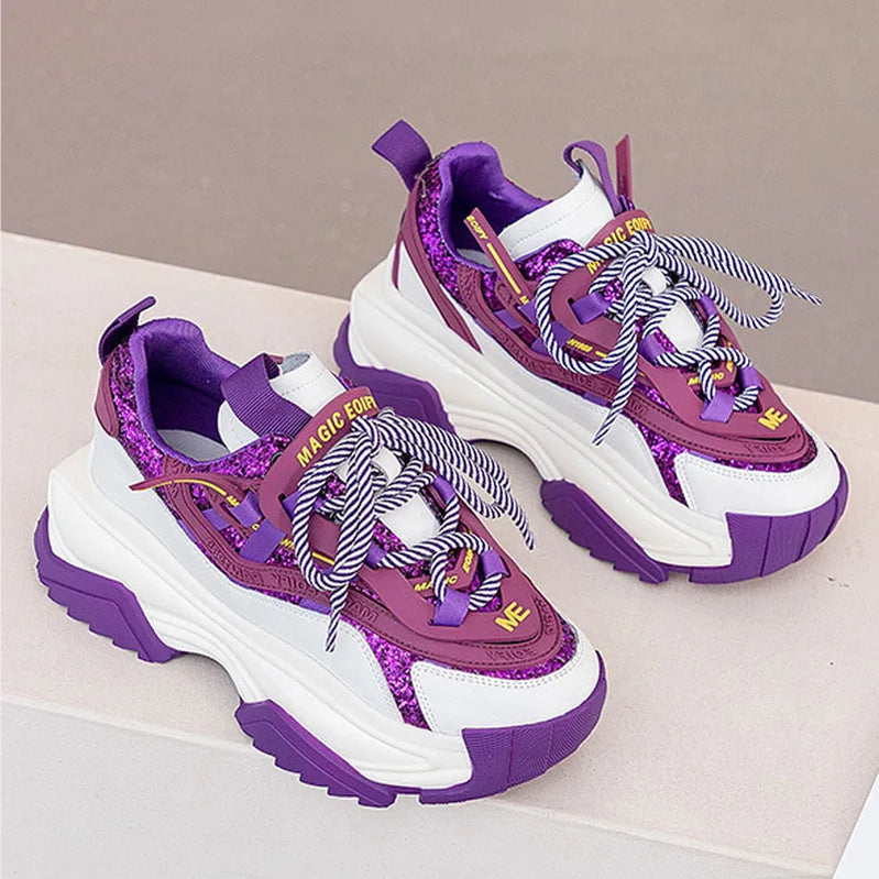 CXJYWMJL Genuine Leather Retro Sneakers for Women Thick Bottom Casual Vulcanized Shoes Ladies Autumn Breathable Chunky Sneakers Purple