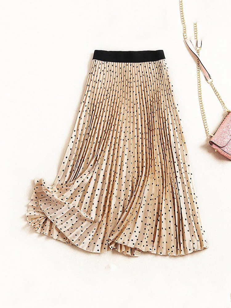 Pleated Skirts Women Spring Autumn Skirt High Waist Print Midi Skirts Womens Velvet Skirt Maxi Long Skirts Femme Faldas Mujer Beige