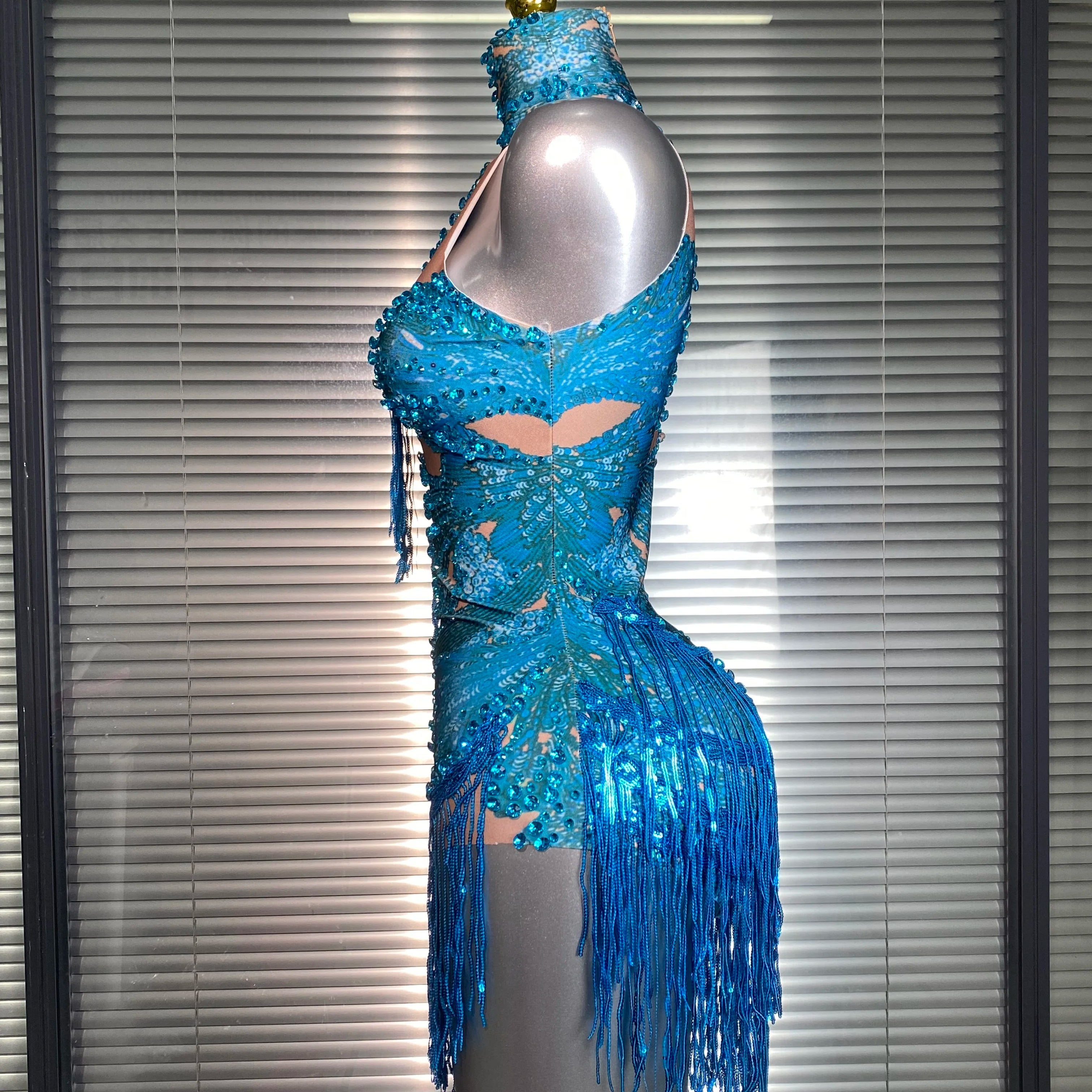 New Celebrity Women Sexy Purple Blue Stretchy Single Sleeve Night Club Singer Dancer Tassel Stage Costume Party Bodysuit