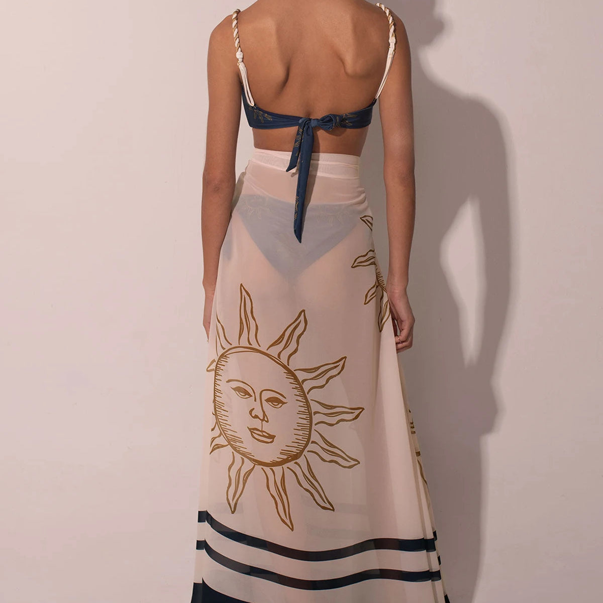 Fashion Blue Sexy Vintage Women's Swimwear Sun Printed Featured Design Hollow Out One Piece Bikini With Long Skirt 2024 Seaside