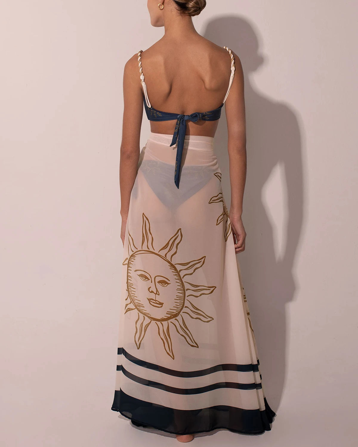 Fashion Blue Sexy Vintage Women's Swimwear Sun Printed Featured Design Hollow Out One Piece Bikini With Long Skirt 2024 Seaside