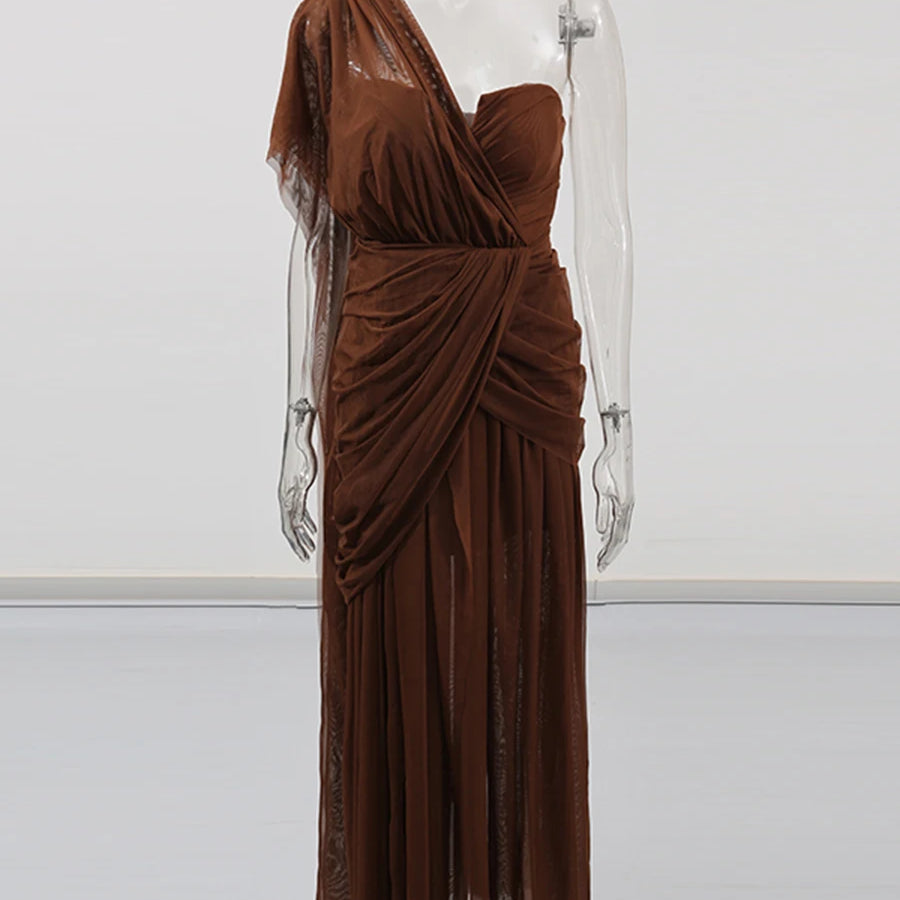 TWOTWINSTYLE Solid Slimming Sheer Dresses for Women Diagonal Collar Sleeveless Patchwork Folds Irregular Dress Female Clothing