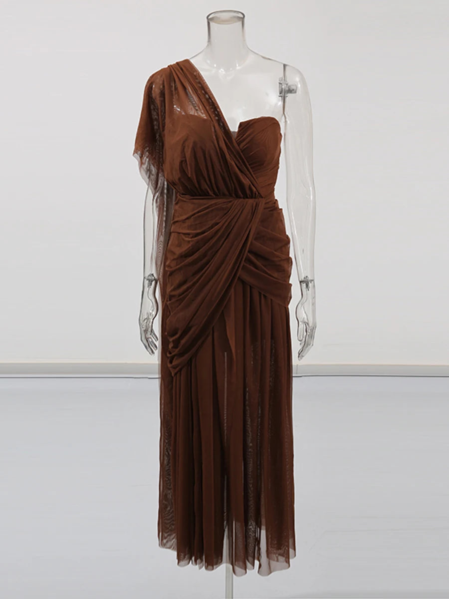 TWOTWINSTYLE Solid Slimming Sheer Dresses for Women Diagonal Collar Sleeveless Patchwork Folds Irregular Dress Female Clothing