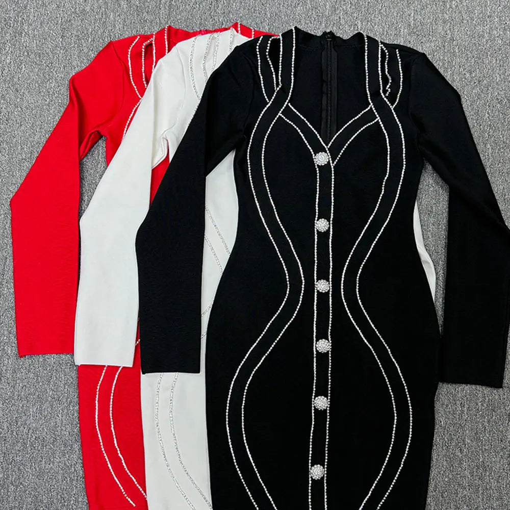 2025 Spring Elegant Women Diamond Set Bandage Dress V-neck Long Sleeve Bodycon Single breasted Mini Dress Evening Party Vestidos