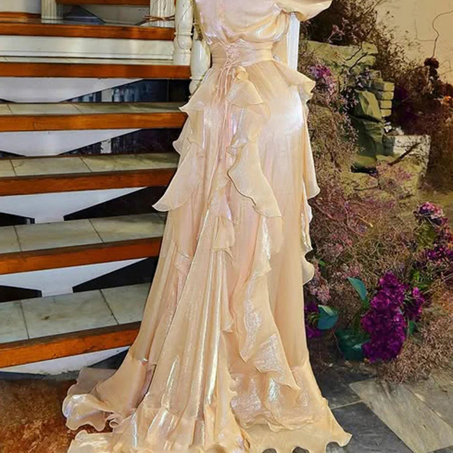 Solid Loose Midi Dresses for Women Round Neck Long Sleeves Patchwork Lace Up Temperament Dress Female Clothing New