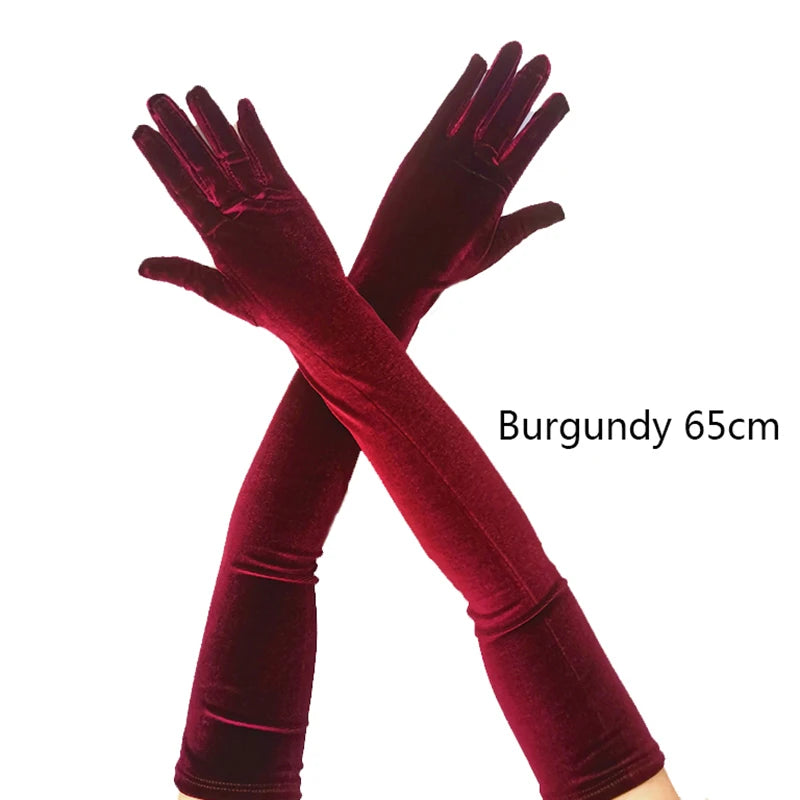 53CM Women Golden Velvet Long Autumn Winter Warm Black Evening Dress Etiquette Gloves Retro Style Banquet Accessories Elasticity burgundy 65cm One Size