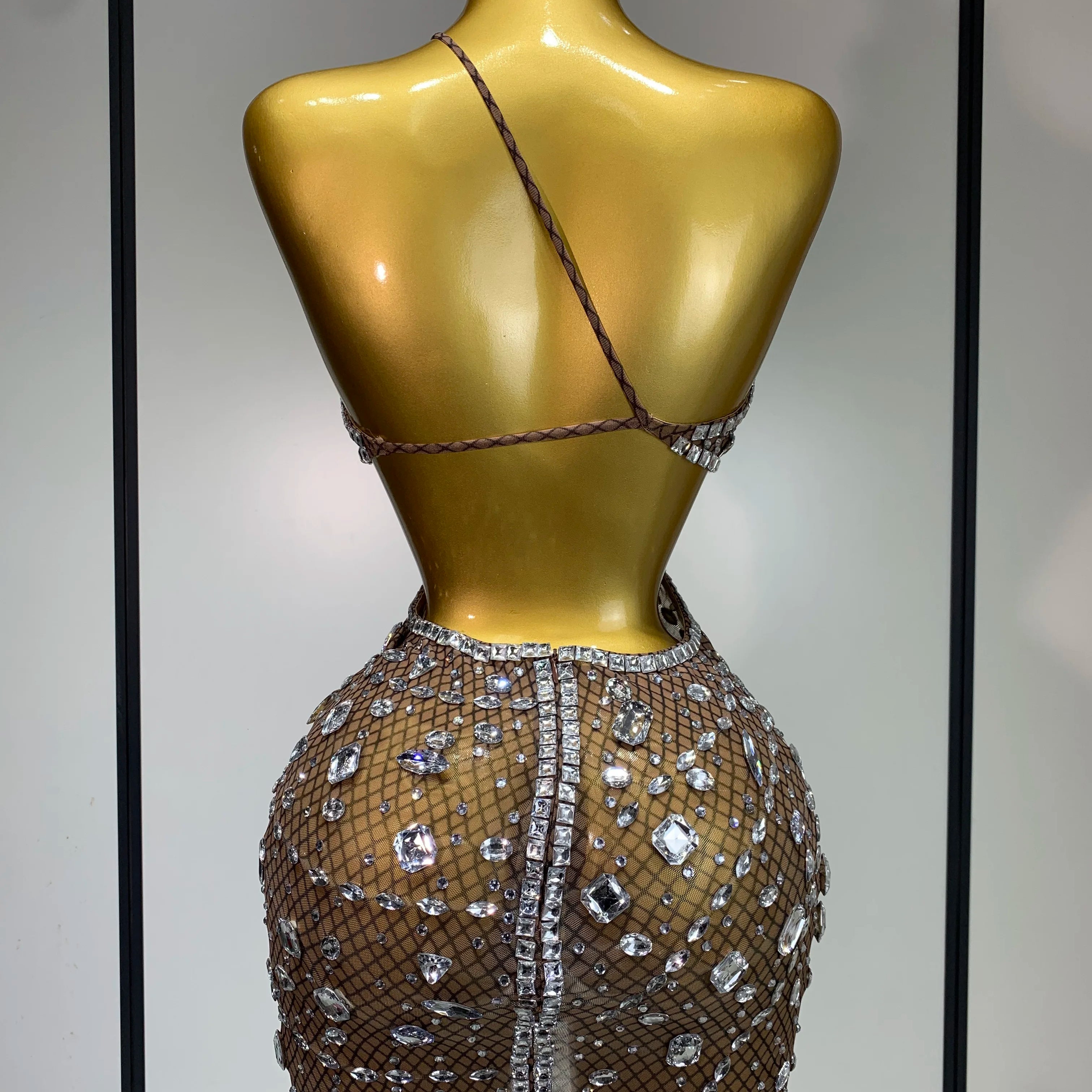 Sexy Sparkly Diamond Backless Short Dress 2025 Women Sleeveless Mesh See Through Evening Birthday Gown Singer Stage Outfit