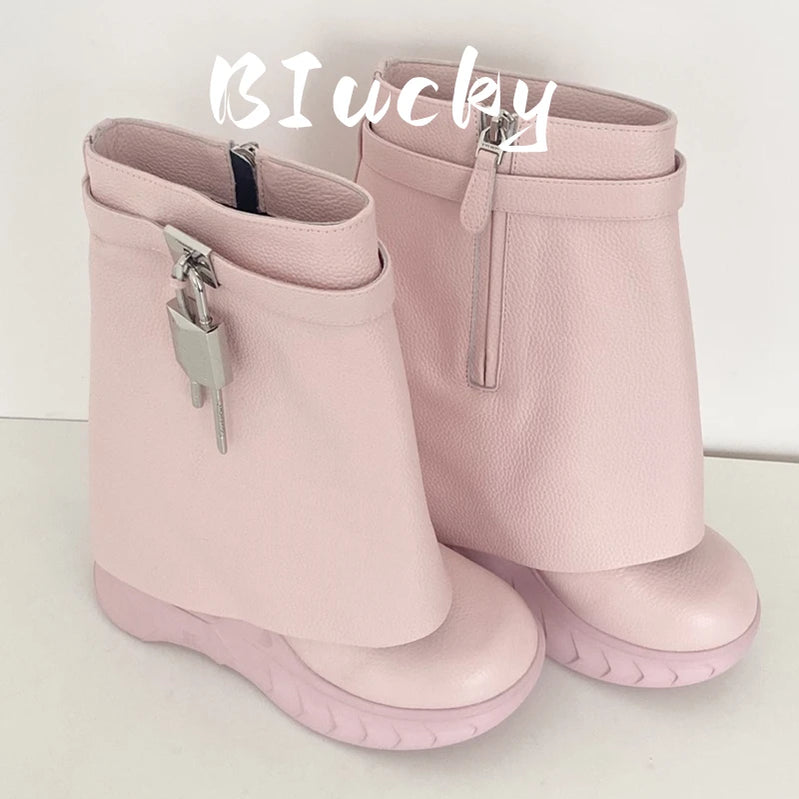 Winter New Women Mid-Calf Boots Woman Genuine Leather Wedge Platform Round 2023 Metal Decoration Boots