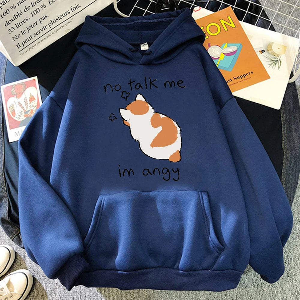 No Talk Me Cute Angry Cat Print Women Hoody Hip Hop Soft Sweatshirt Casual Fleece Sweatshirt Oversize Fleece Women Streetwear Dark Blue