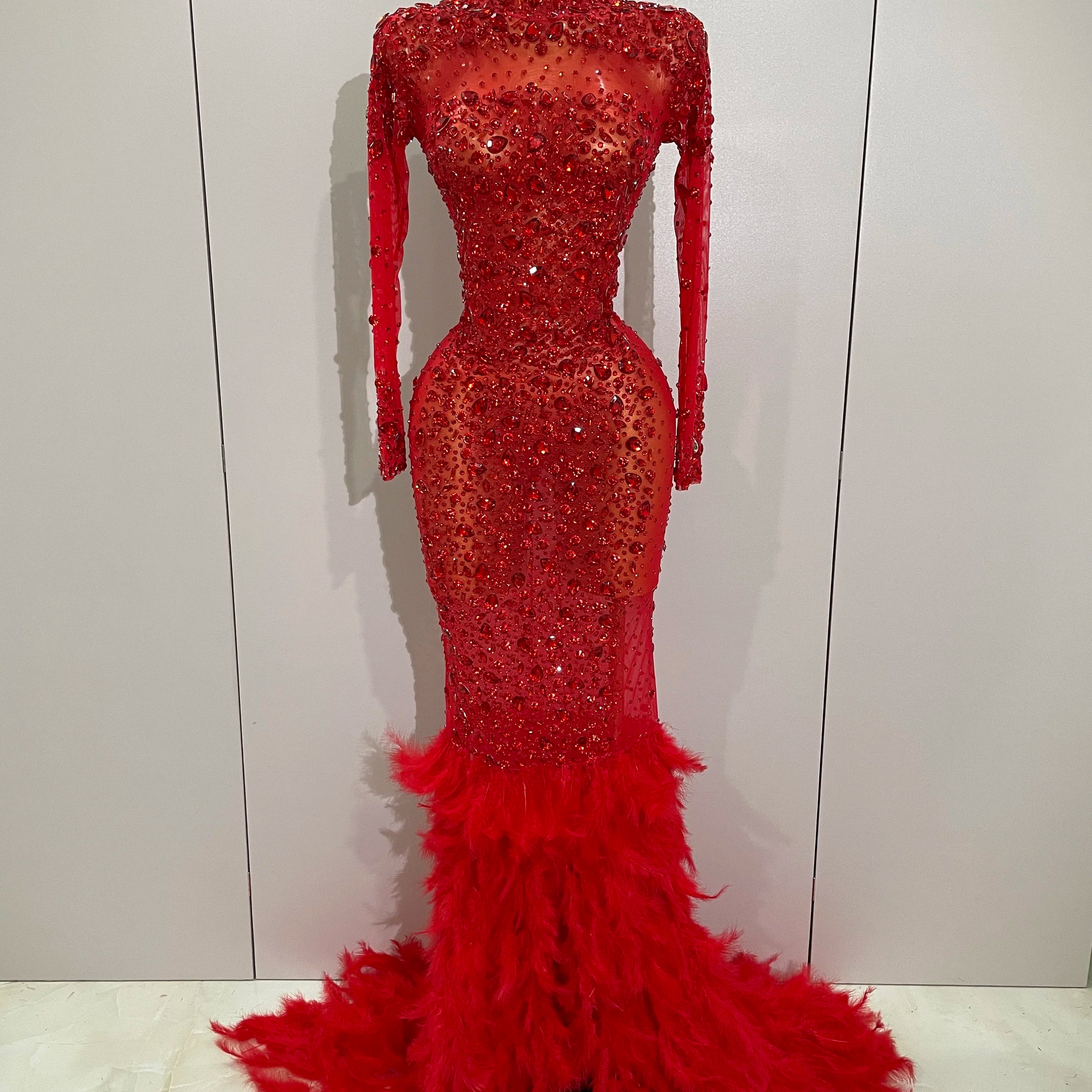 Vestido longo sereia com penas e cristais vermelhos brilhantes 2025, manga longa, para mulheres, casamento, festa de aniversário, baile de formatura