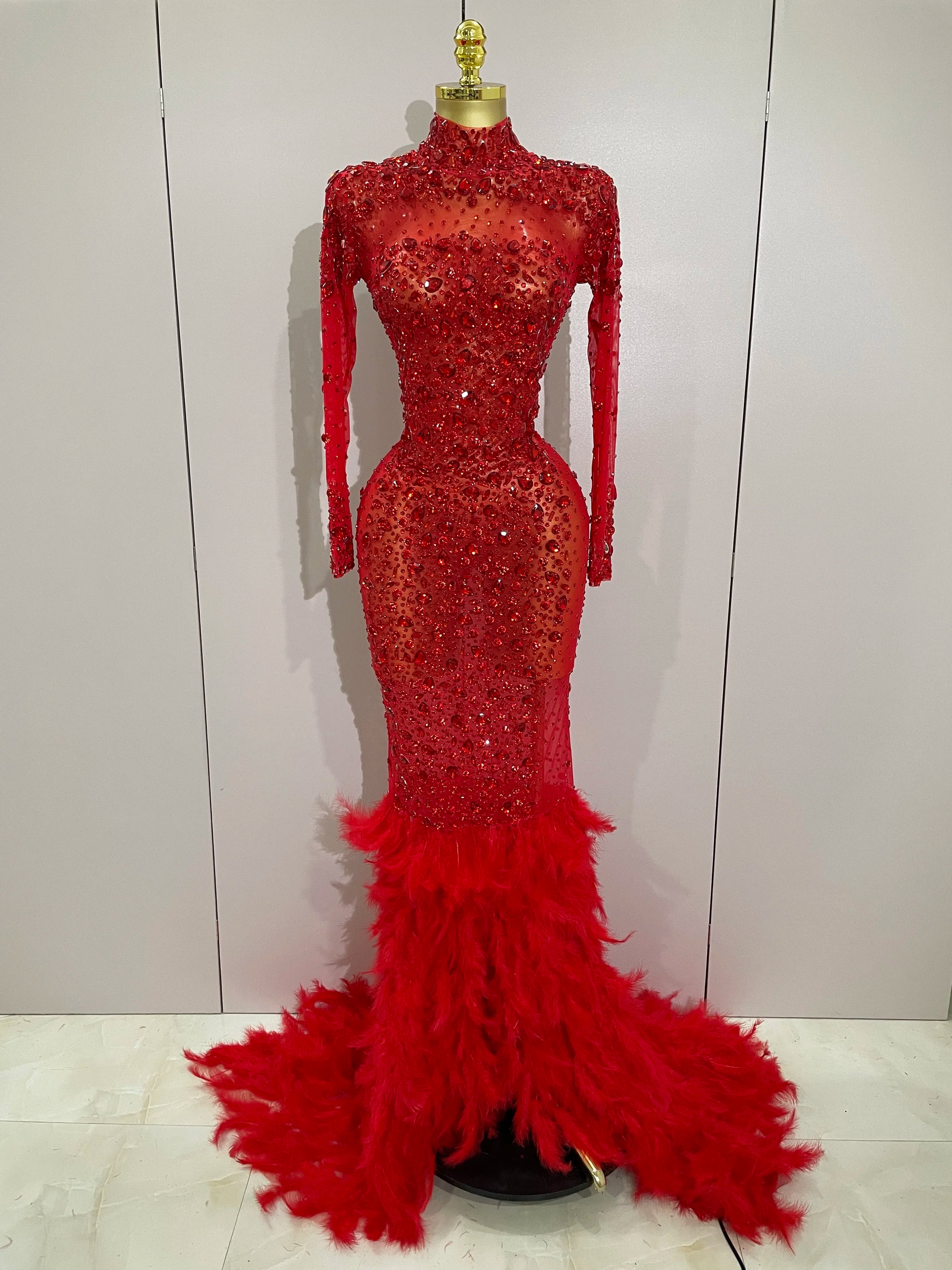 2025 New Sparkling Red Crystals Feathers Long Sleeve Mermaid Maxi Dress Women Wedding Celebrate Luxury Birthday Party Prom Gown