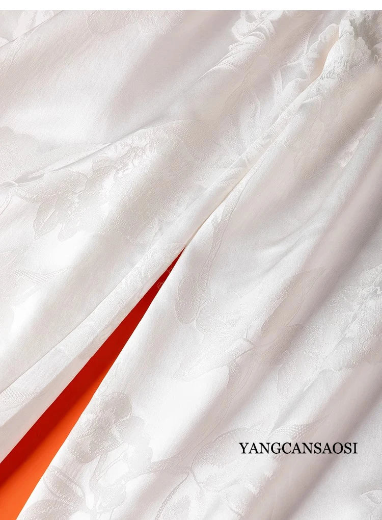 Women's Fashion Spring New 45MM Heavyweight 100%Natural Mulberry Silk Jacquard Satin White Versatile Wide Leg Pants