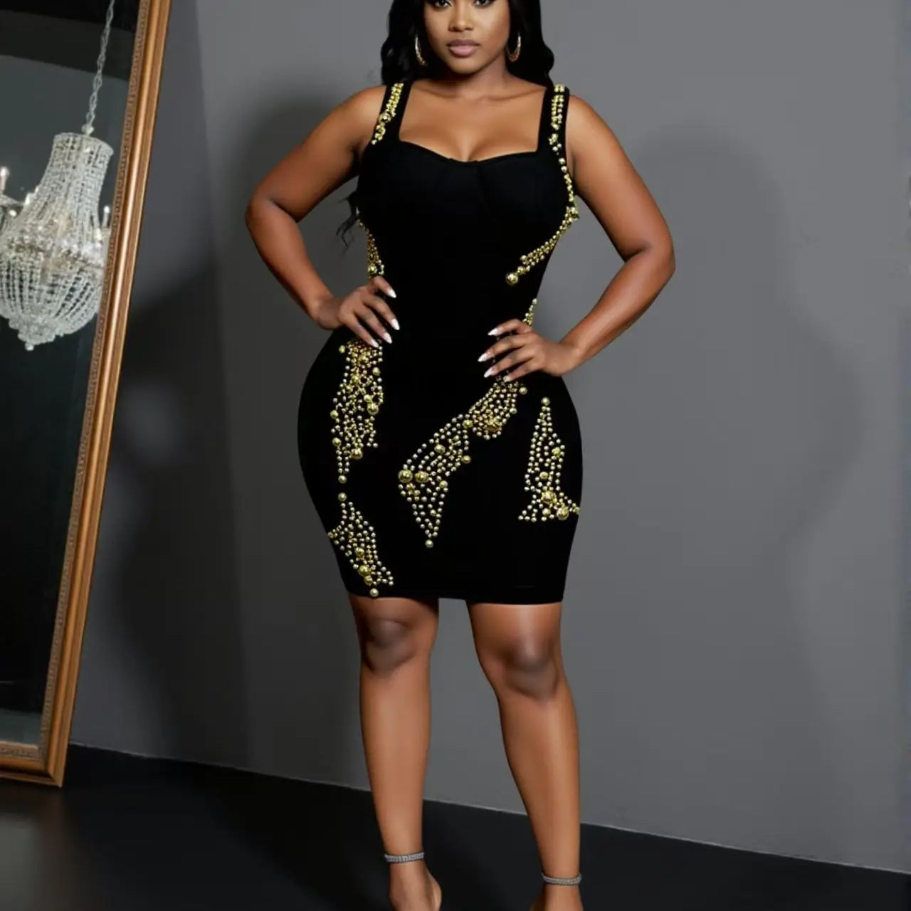 Women Sleevelss Sexy Square Collar Beading Bodycon Mini Bandage Dress Celebrate Nightclub Party Birthday Outfit