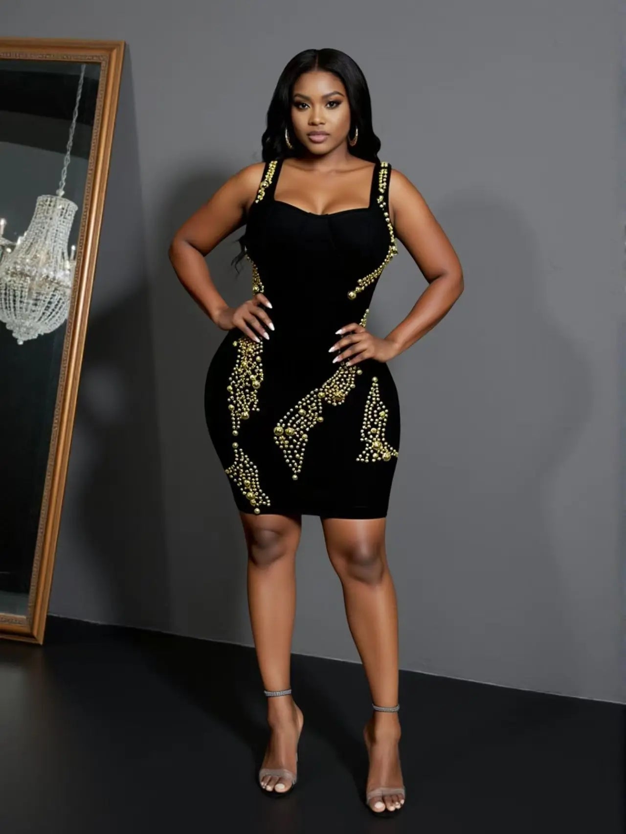 Women Sleevelss Sexy Square Collar Beading Bodycon Mini Bandage Dress Celebrate Nightclub Party Birthday Outfit