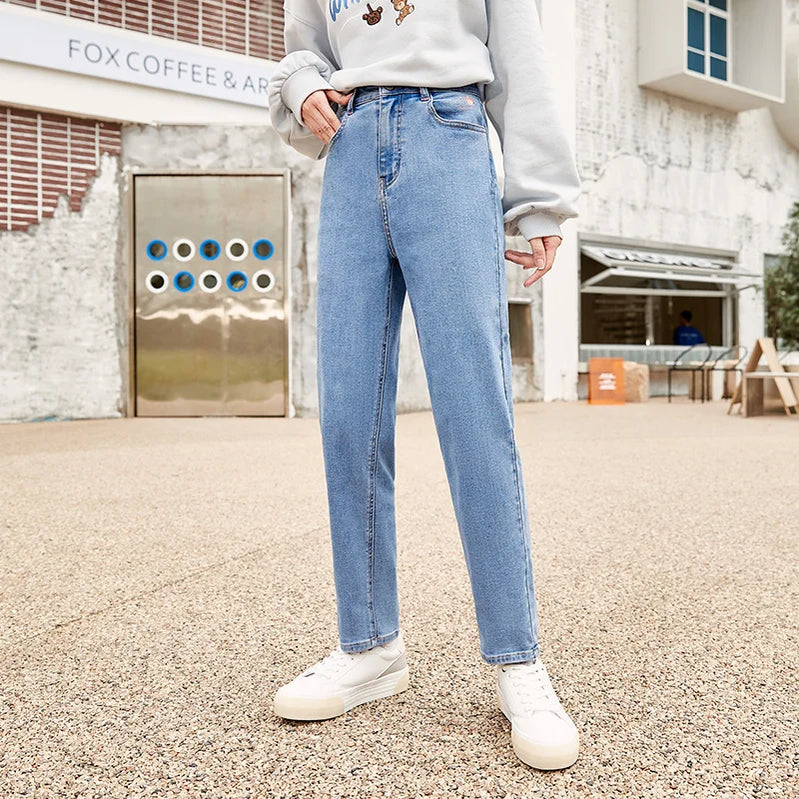 Jeans Women Loose Straight Leg Winter Trendy Bear Pattern Jeans blue