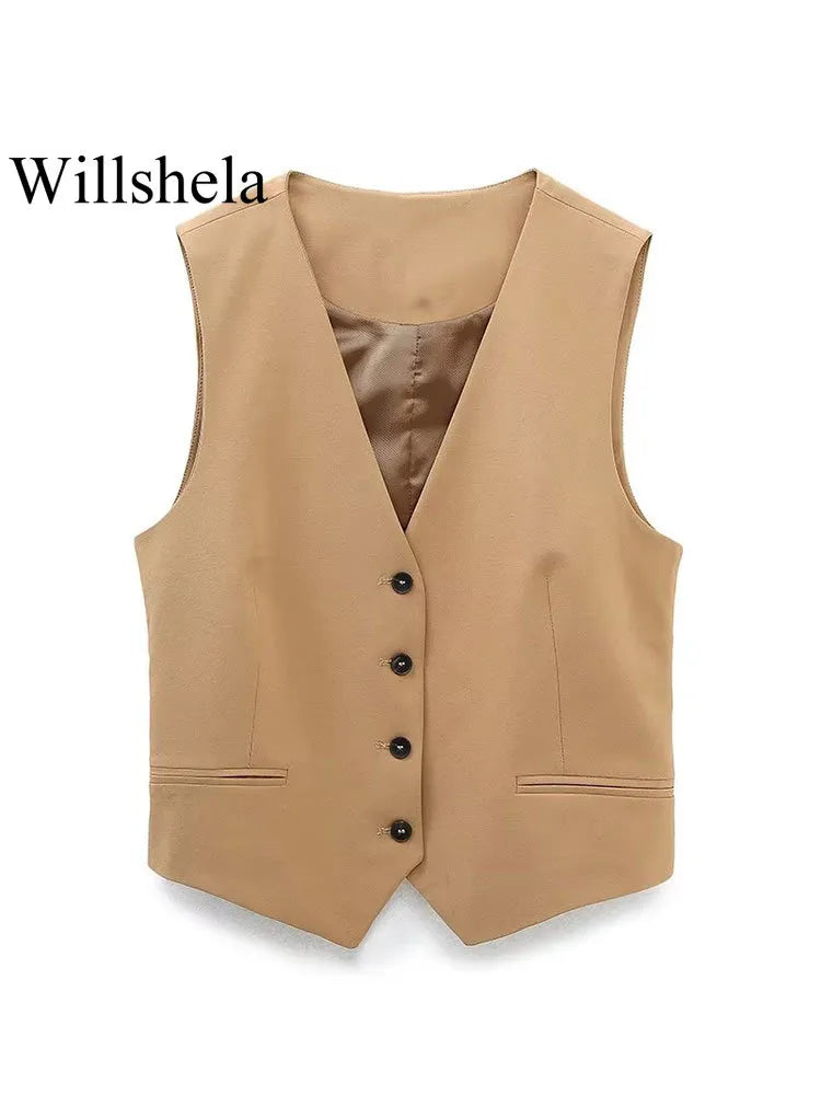 Willshela Women Fashion Khaki Cropped Vest V-Neck Single Breasted Sleeveless Female Chic Lady Outfit Short Top Tank