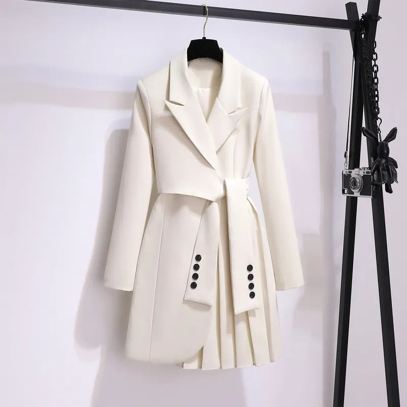 Blazer Women Spring Fashion Women Clothing Suit Skirt Jacket Belt Waist Slim Suit Women Blazer Long Coat Black Blazers Apricot