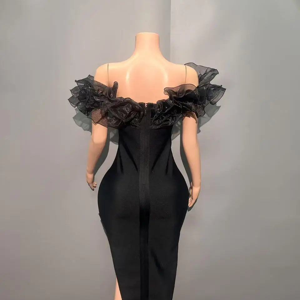 Women Slash Neck Ruffles Bodycon Bandage Mid-calf Dress Celebrate Nightclub Party Birthday Outfit Wholesale