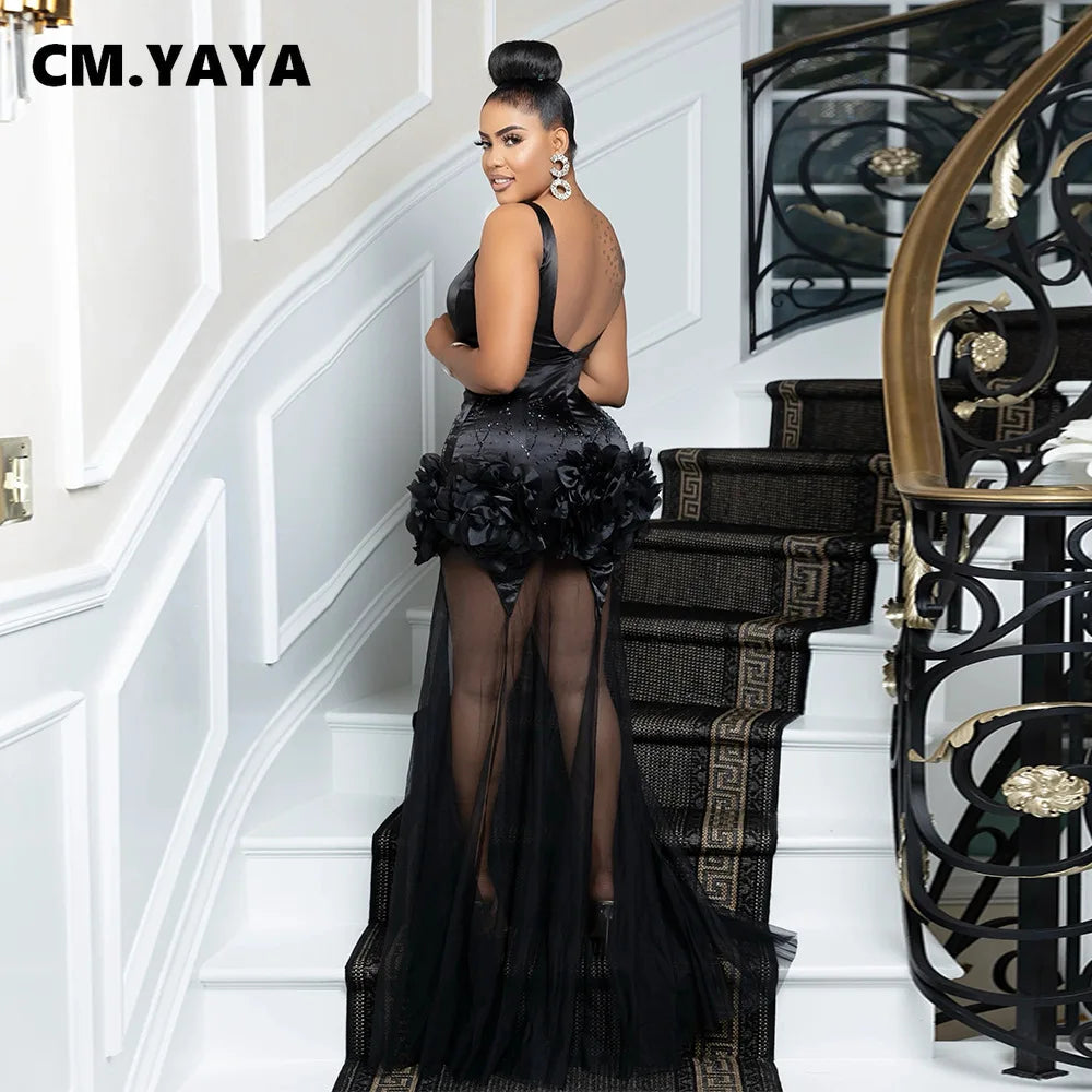 CM.YAYA Diamonds 3D Flower Mesh See Through Women Sleeveless Bodycon Long Dress Birthday Party Evening Prom Maxi Mermaid Dresses