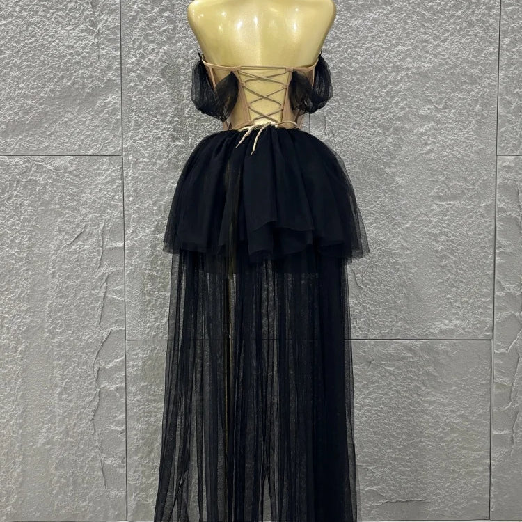 STOCK Women Sexy Strapless Laced-up Mesh 2 Pieces Long Maxi Dress Celebrate Evening Party Birthday Prom Outfit