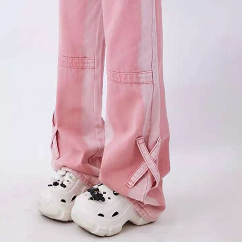 Pink High Waist Jeans for Women Autumn Winter Casual Baggy Pants Woman Y2K Streetwear Clothes Wide Leg Jeans Ladies Korean