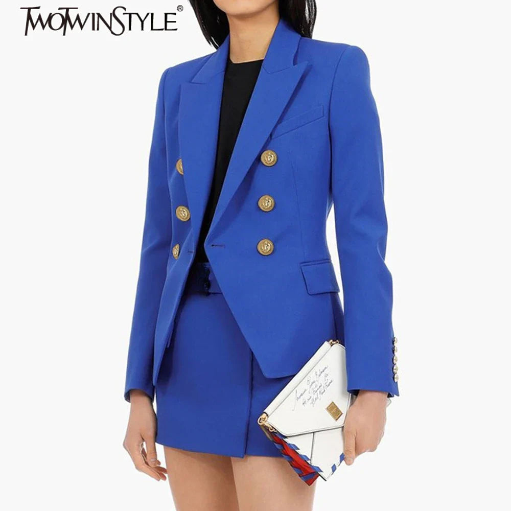 Solid Slimming Fashion Blazer for Women Lapel Long Sleeves Patchwork Double Breasted Elegant Coat Female Clothing