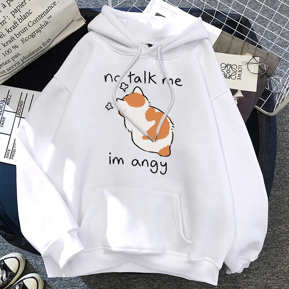No Talk Me Cute Angry Cat Print Women Hoody Hip Hop Soft Sweatshirt Casual Fleece Sweatshirt Oversize Fleece Women Streetwear White