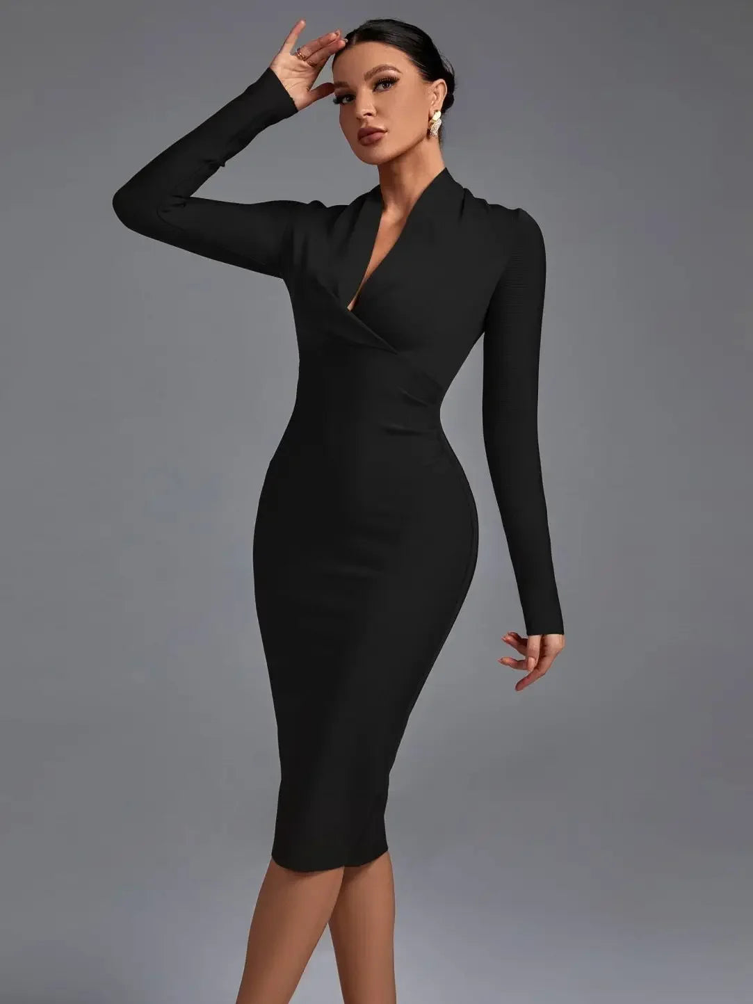 Draped Bandage Dress Women Long Sleeve Bandage Dress Bodycon Elegant Sexy Midi Evening Party Dress Summer Club Outfits black