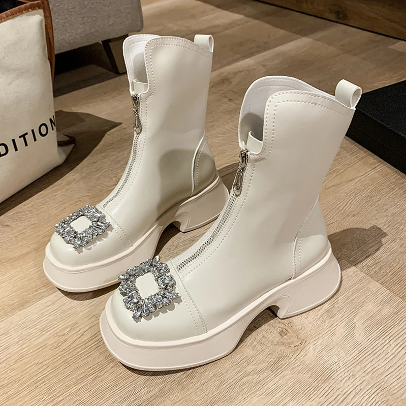 Fashion Crystal Chelsea Boots Women Shoes Spring Summer Ankle Boots Zipper Chunky Snow Punk Goth Gladiator Lady Shoes Beige