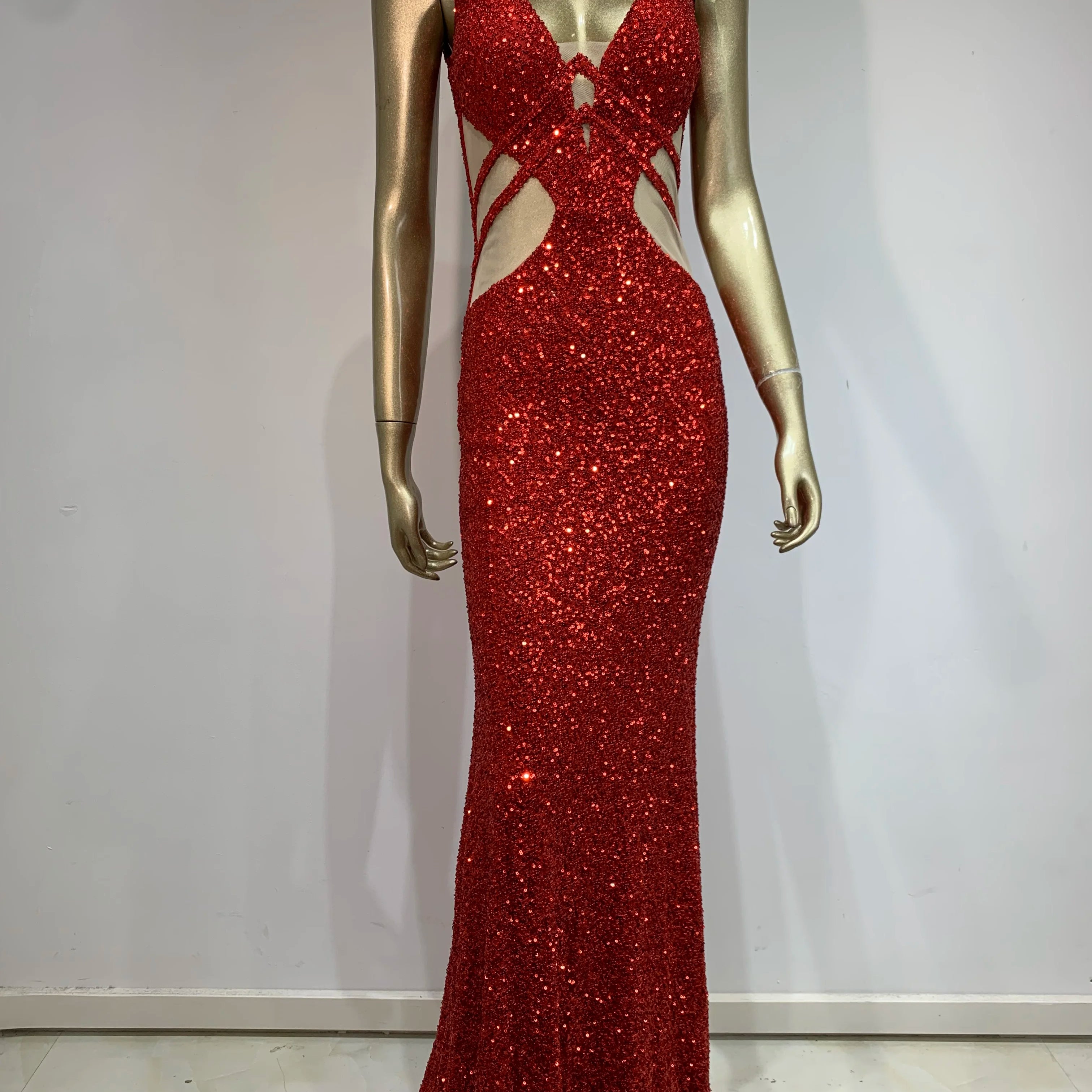 Women Luxury Sexy V Neck Cut Out Red Sequins Maxi Long Gowns Dress 2024 Elegant Evening Party Club Dress Vestido