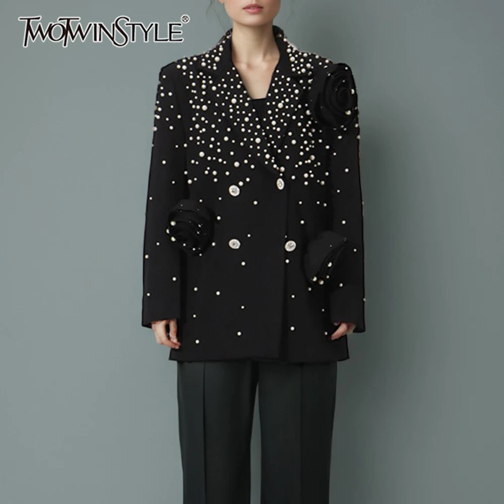 TWOTWINSTYLE Solid Loose Spliced Appliques Elegant Jackets for Women Lapel Long Sleeves Patchwork Bead Luxurious Jacket Female