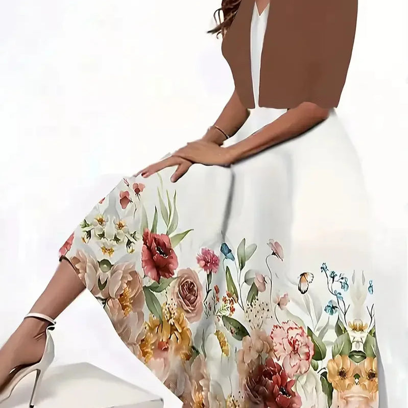 Été 2024 ! Ensemble 2 robes longues pour femme, couleurs EU-US : robe ras du cou à imprimé floral et herbe et manteau court en mousseline.