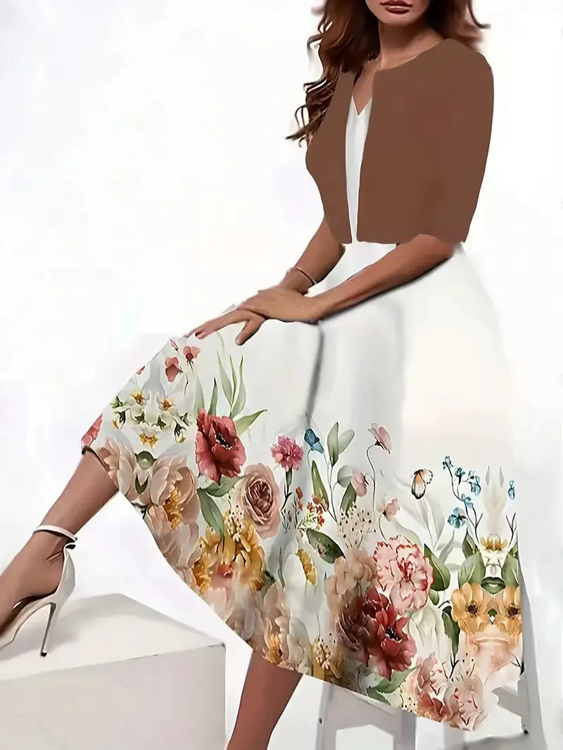 Été 2024 ! Ensemble 2 robes longues pour femme, couleurs EU-US : robe ras du cou à imprimé floral et herbe et manteau court en mousseline.