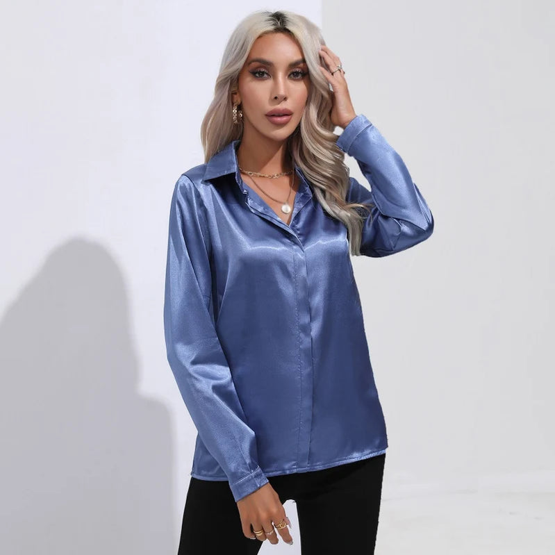 Spring Autumn Satin Shirt Women V Neck Long Sleeve Office Shirt Blouses Ladies Black White Silk Loose Shirts For Women L