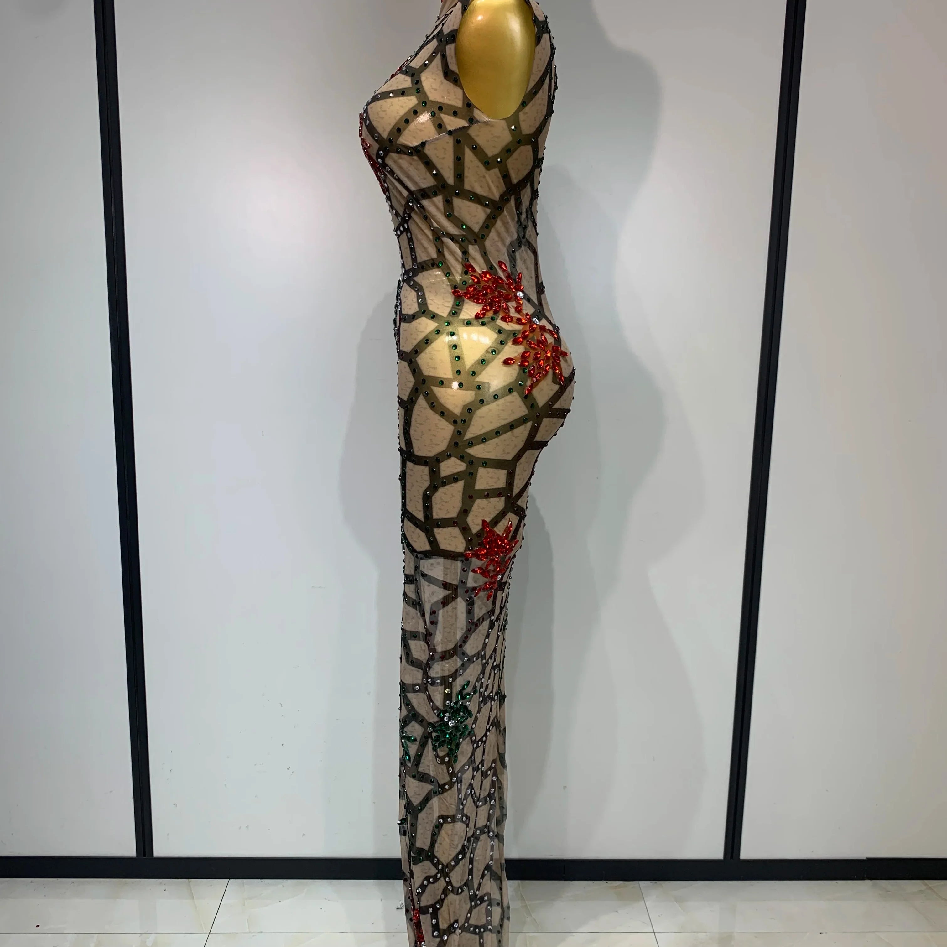 Women Sexy Mesh See Through Sparkly Rhinestone Long Maxi Dress Luxury Birthday Evening Party Prom Gowns Singer Stage Costume