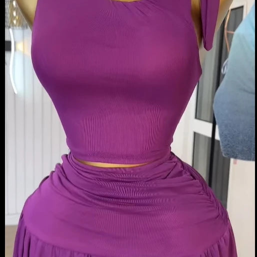 CM.YAYA Women Tie Up Shoulder Sleeveless Knit Tank Top and Irregular Maxi Long Skirt Suit 2025 Summer Two 2 Piece Set Outfits