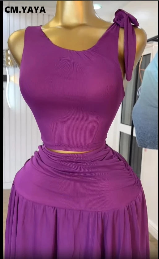 CM.YAYA Women Tie Up Shoulder Sleeveless Knit Tank Top and Irregular Maxi Long Skirt Suit 2025 Summer Two 2 Piece Set Outfits
