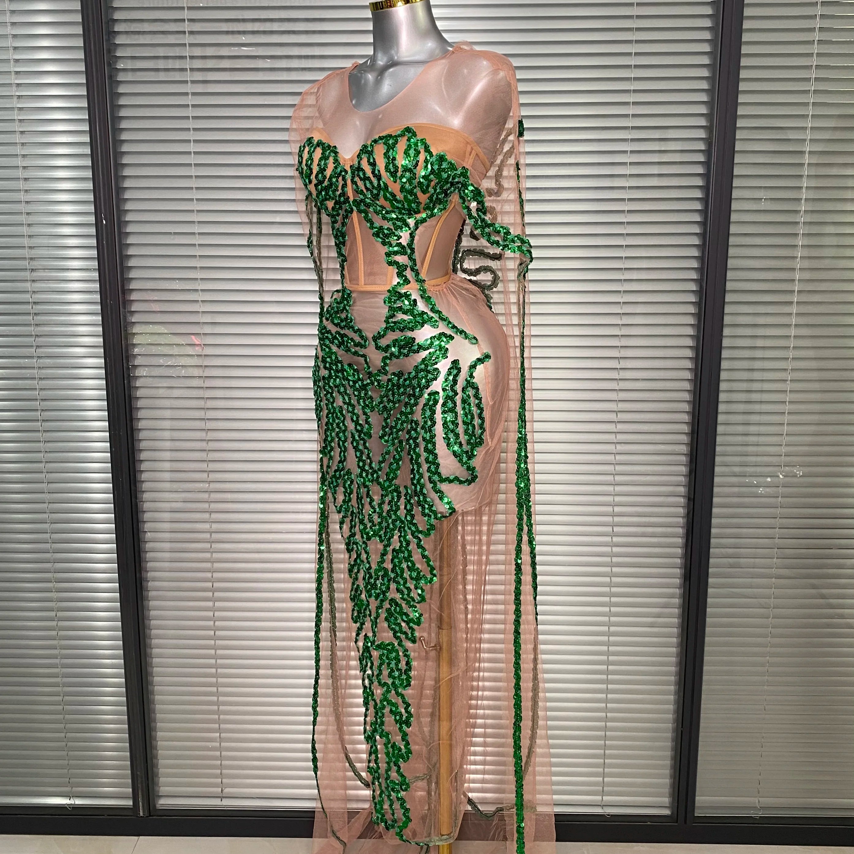 New Women Sexy Mesh Sheer Sequins Green Maxi Dress See Through Party Costume Stage Performance Dress