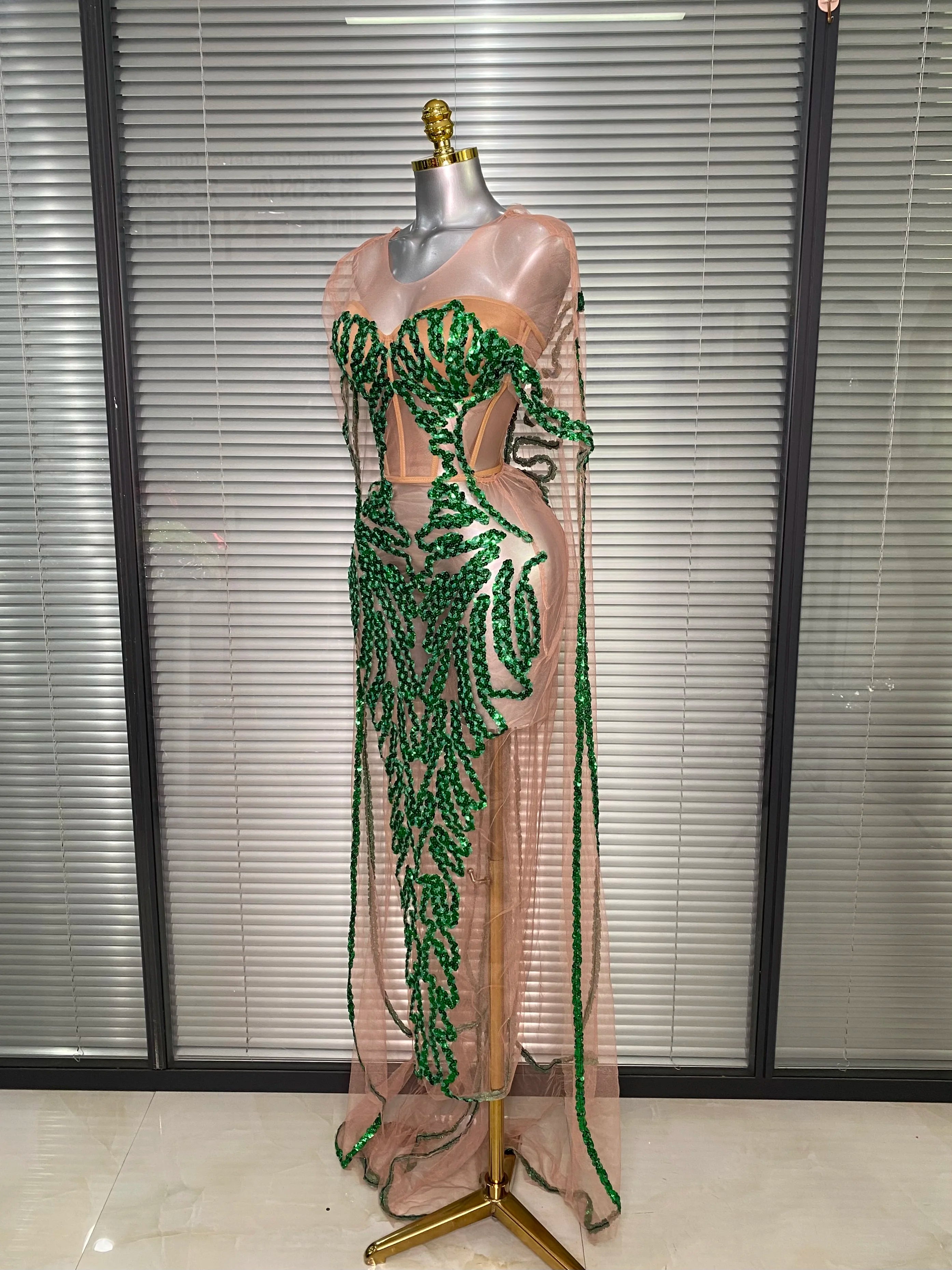 New Women Sexy Mesh Sheer Sequins Green Maxi Dress See Through Party Costume Stage Performance Dress
