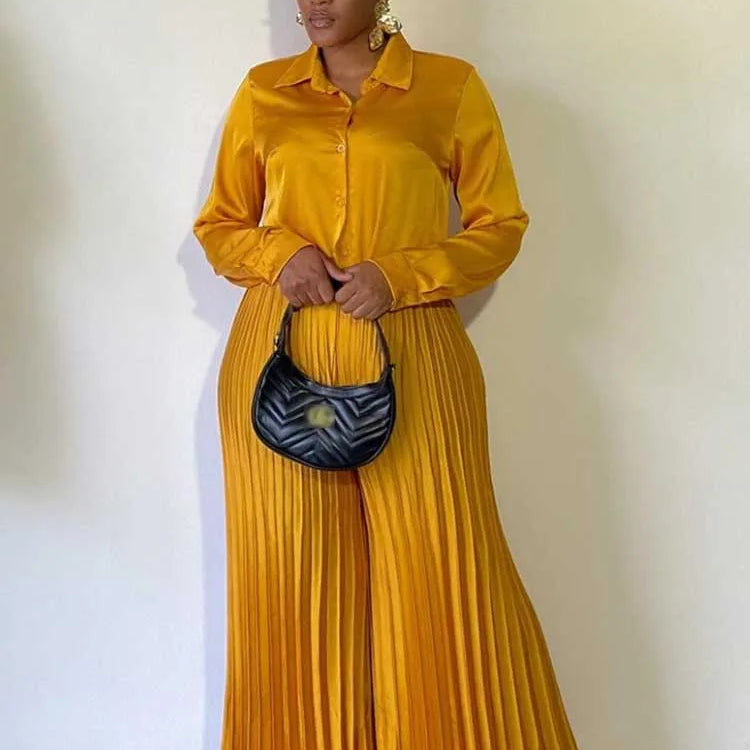 2 Piece Sets Women Outfit Luxury Elegant Autumn Long Sleeve Button Top and Pleated Pants Set Casual Ladies Clothes Plus Size