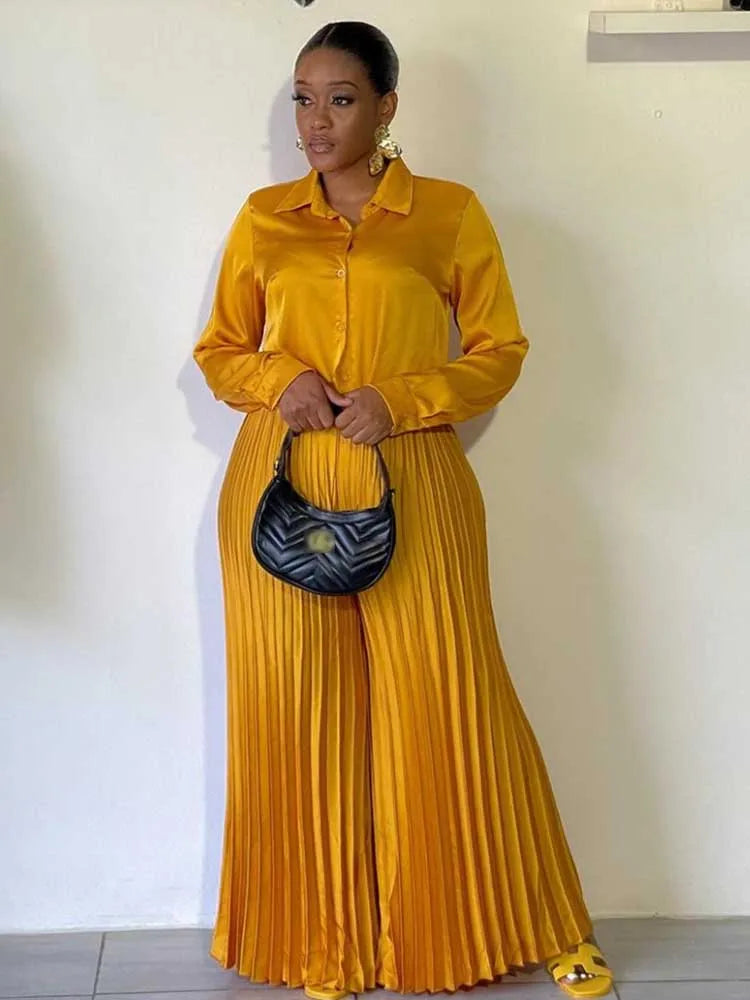 2 Piece Sets Women Outfit Luxury Elegant Autumn Long Sleeve Button Top and Pleated Pants Set Casual Ladies Clothes Plus Size