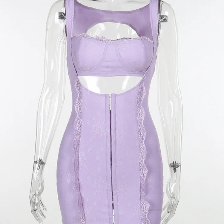 CHRONSTYLE Women Summer Bodycon Mini Dress Sleeveless Strap Low Cut Front Cutout Lace Slim Dress Party Backless Female Vestidos