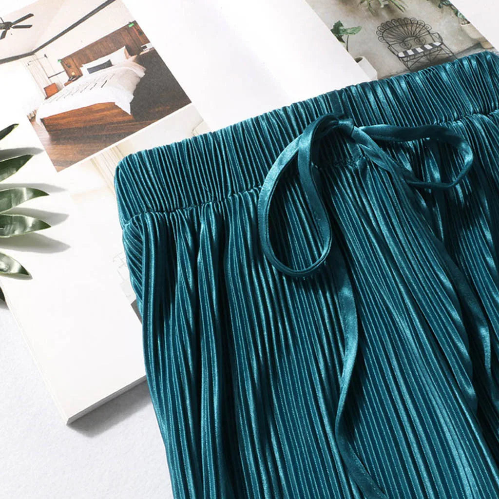Women Pants Summer Spring Ice Silk Fashion Tide Korean Casual Cropped Pants Loose Elastic Waist High Pleated Wide Leg