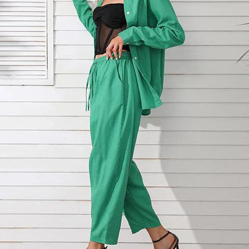 Women's Summer Suit with Pants Summer Loose Wide Leg Trousers Elegant Two Piece Suit Set for Women Buttons T-shirts Outifit Green
