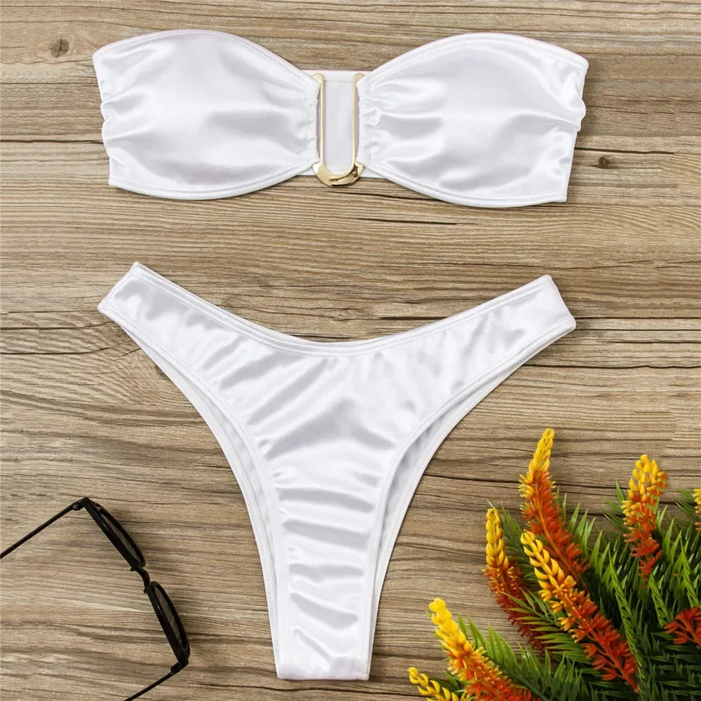 Sexy U Shaped Bandeau Bikinis Set Mujer Strapless Swimwear Women Gold Swimsuit Bathing Suit Biquinis Brazilian Bikini Swim 2024 WHITE