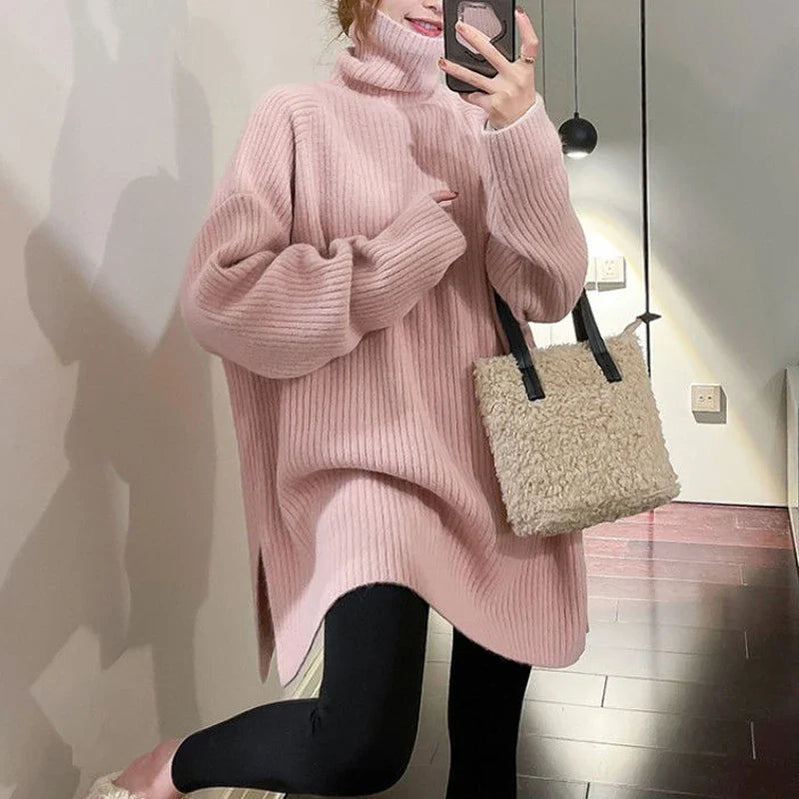 Women Simple Casual Oversized Turtleneck Knitted Sweater 2023 Autumn Winter Trendy Split Long Sleeve Pullover Tunic Tops Jumpers Pink